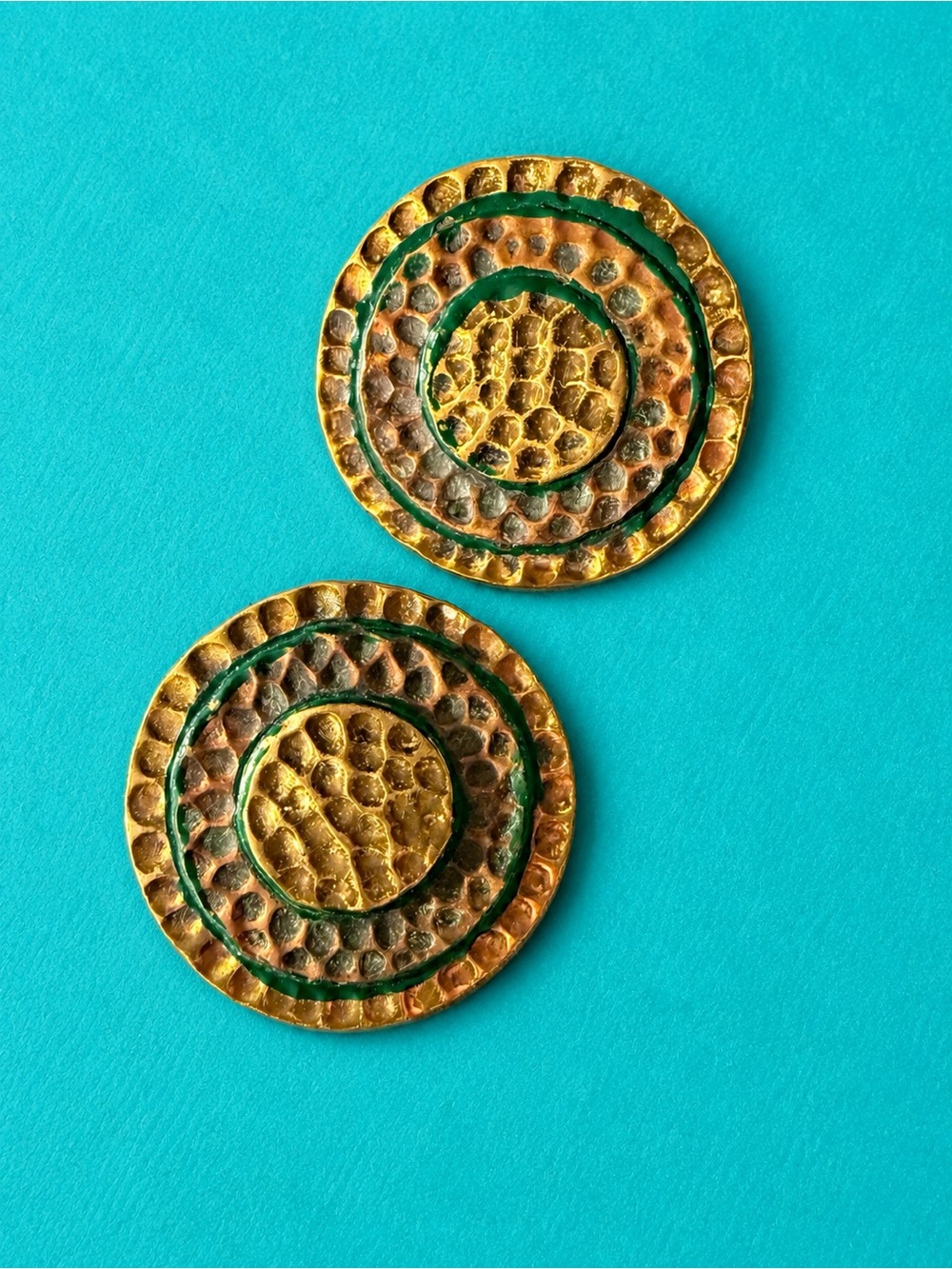 Mexican Hand Hammered Mixed Metal Clip On Earrings With Enamel Accents